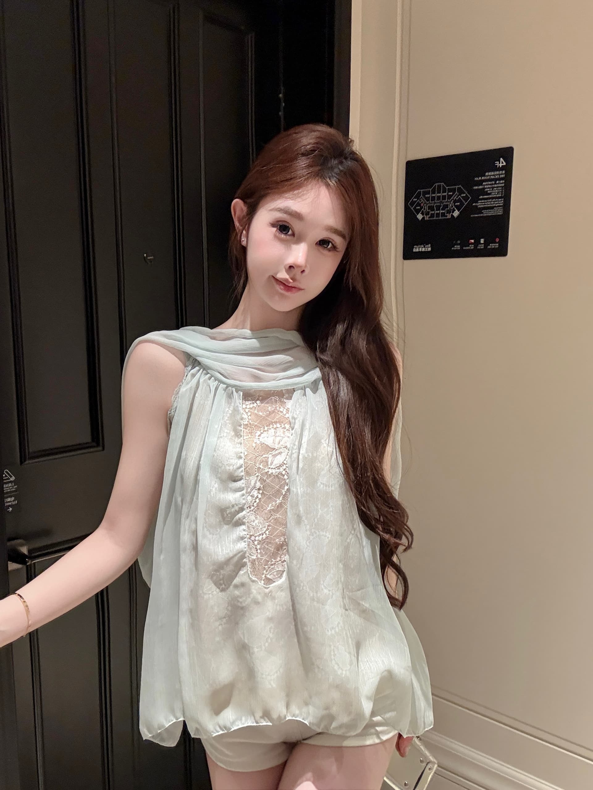 실사 정가 프랑스식 순수한 욕망 바람 품격 민소매 맨위 달콤함 레이스 안감 패치워크 리본 칼라 쉬폰 블라우스 상세 이미지 18