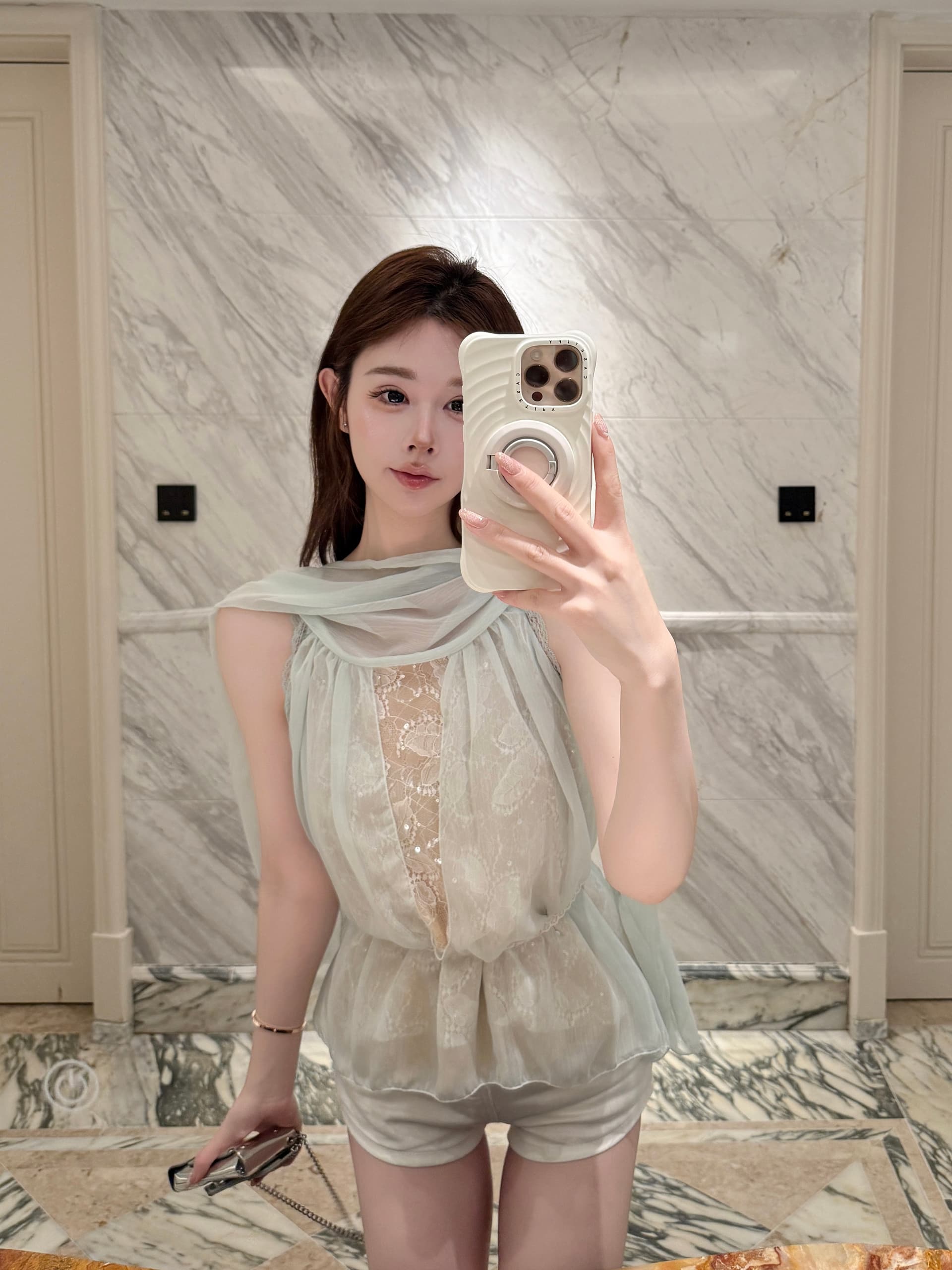 실사 정가 프랑스식 순수한 욕망 바람 품격 민소매 맨위 달콤함 레이스 안감 패치워크 리본 칼라 쉬폰 블라우스 상세 이미지 22