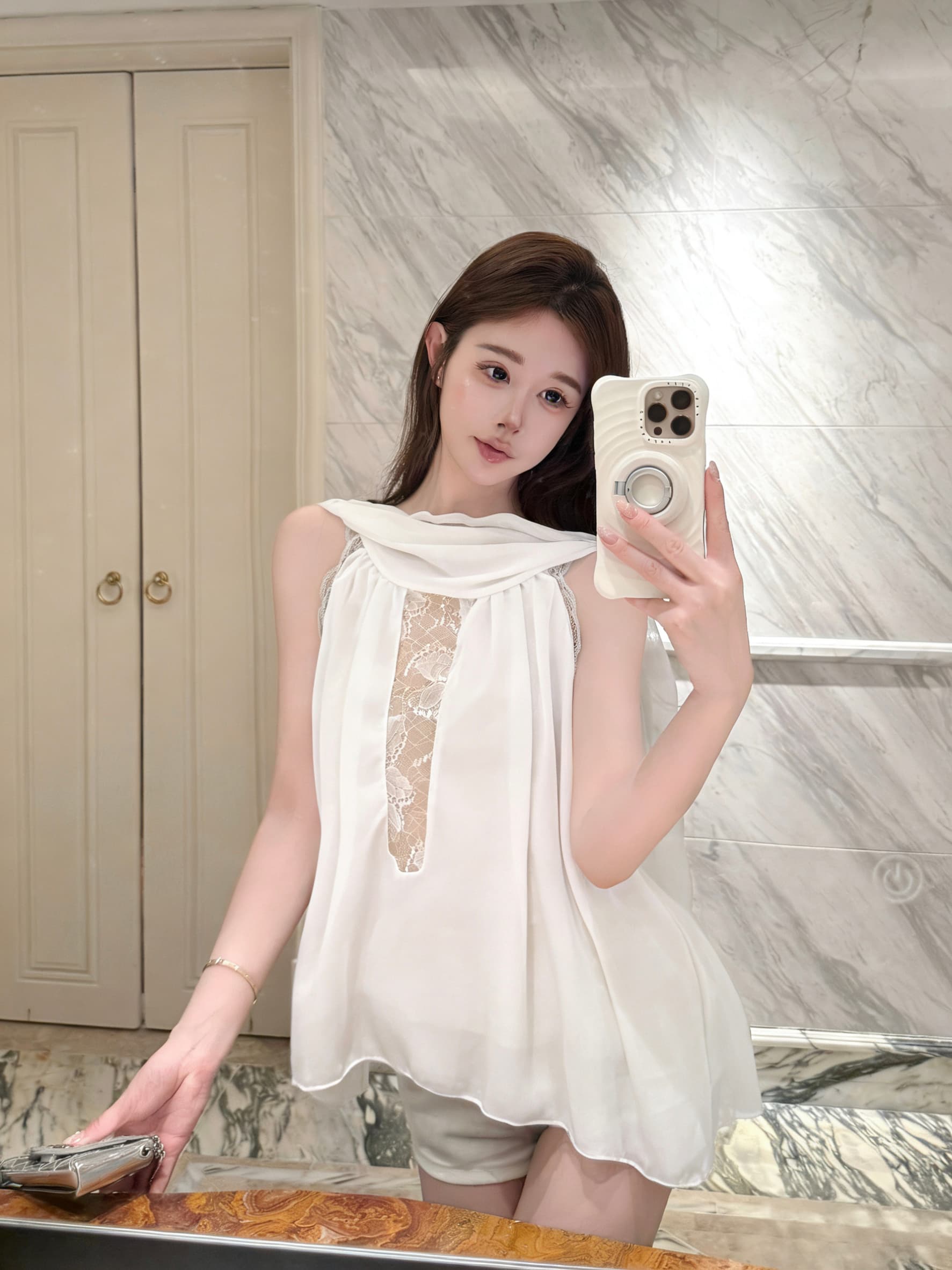 실사 정가 프랑스식 순수한 욕망 바람 품격 민소매 맨위 달콤함 레이스 안감 패치워크 리본 칼라 쉬폰 블라우스 상세 이미지 24