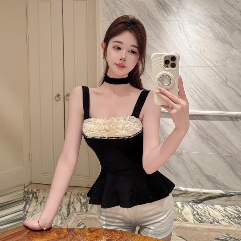 실사 정가 순수한 욕망 달콤한 매운맛 레이스 레이스 허리 수축 한 마디 조끼 프랑스식 발레 바람 맨위 데님 반바지 이미지 4