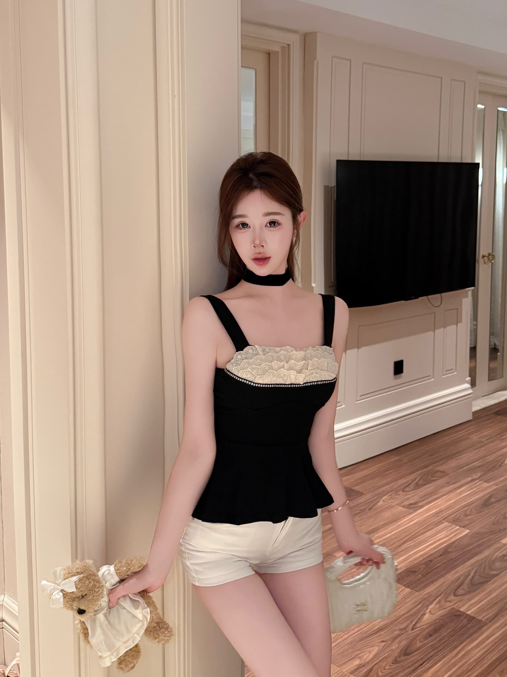 실사 정가 순수한 욕망 달콤한 매운맛 레이스 레이스 허리 수축 한 마디 조끼 프랑스식 발레 바람 맨위 데님 반바지 상세 이미지 11