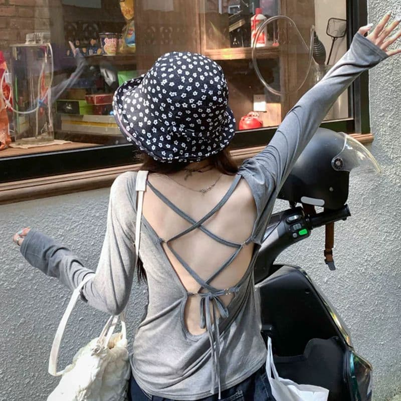 원본 원단 것 핫걸 느슨함 백리스 스트랩 길다 티셔츠 여성 여름 자외선 차단 블라우스 아메리칸 작은 대중 섹시함 의류 이미지 4