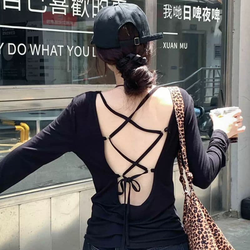 원본 원단 것 핫걸 느슨함 백리스 스트랩 길다 티셔츠 여성 여름 자외선 차단 블라우스 아메리칸 작은 대중 섹시함 의류 이미지 3