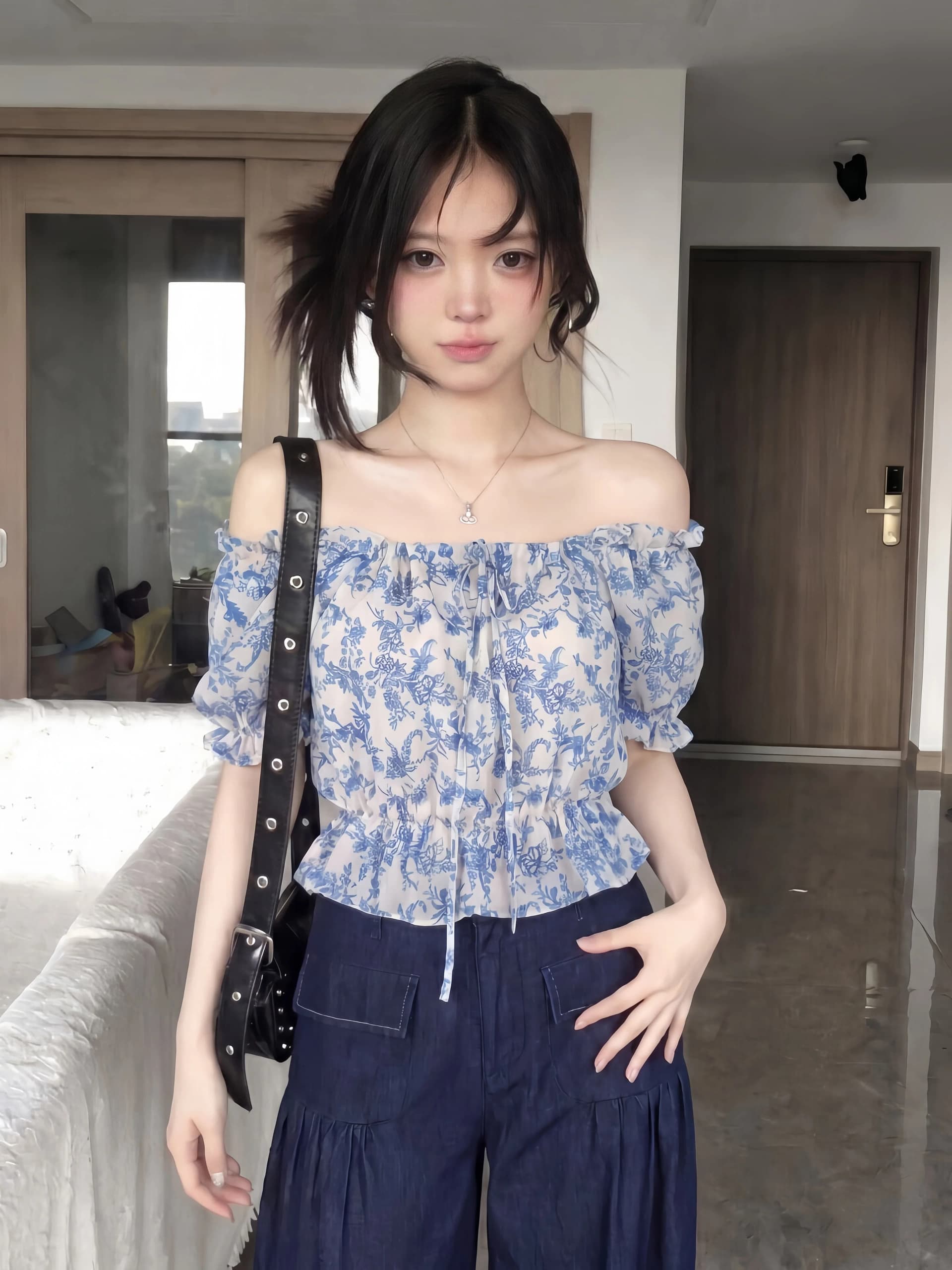 프랑스식 전원 바람 오프숄더 수신 Pleat 꽃무늬 티셔츠 여성 2026 새로운 여름 레트로 디자인 센스 쇼트 스타일 맨위 이미지 4
