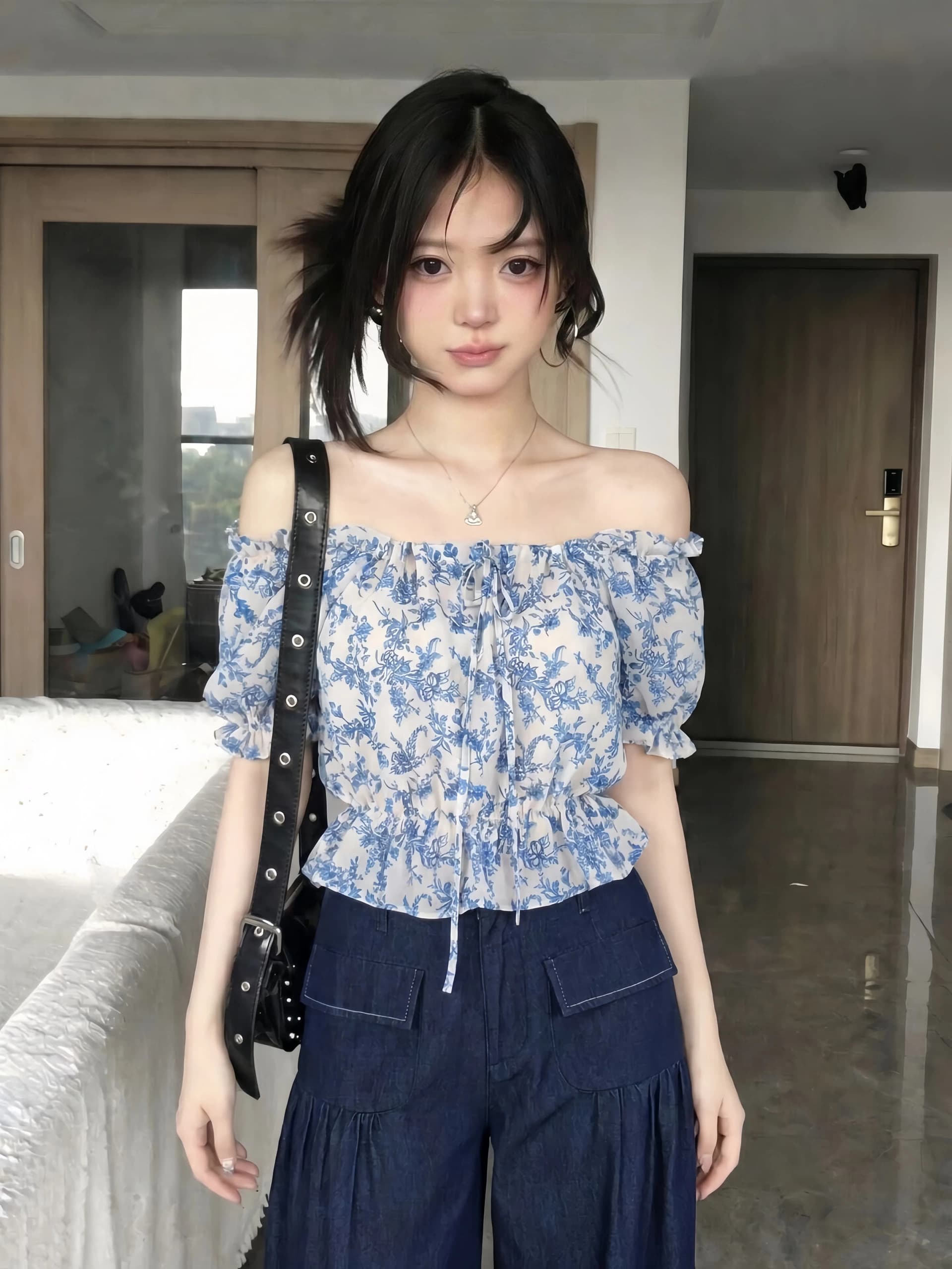 프랑스식 전원 바람 오프숄더 수신 Pleat 꽃무늬 티셔츠 여성 2026 새로운 여름 레트로 디자인 센스 쇼트 스타일 맨위 상세 이미지 1