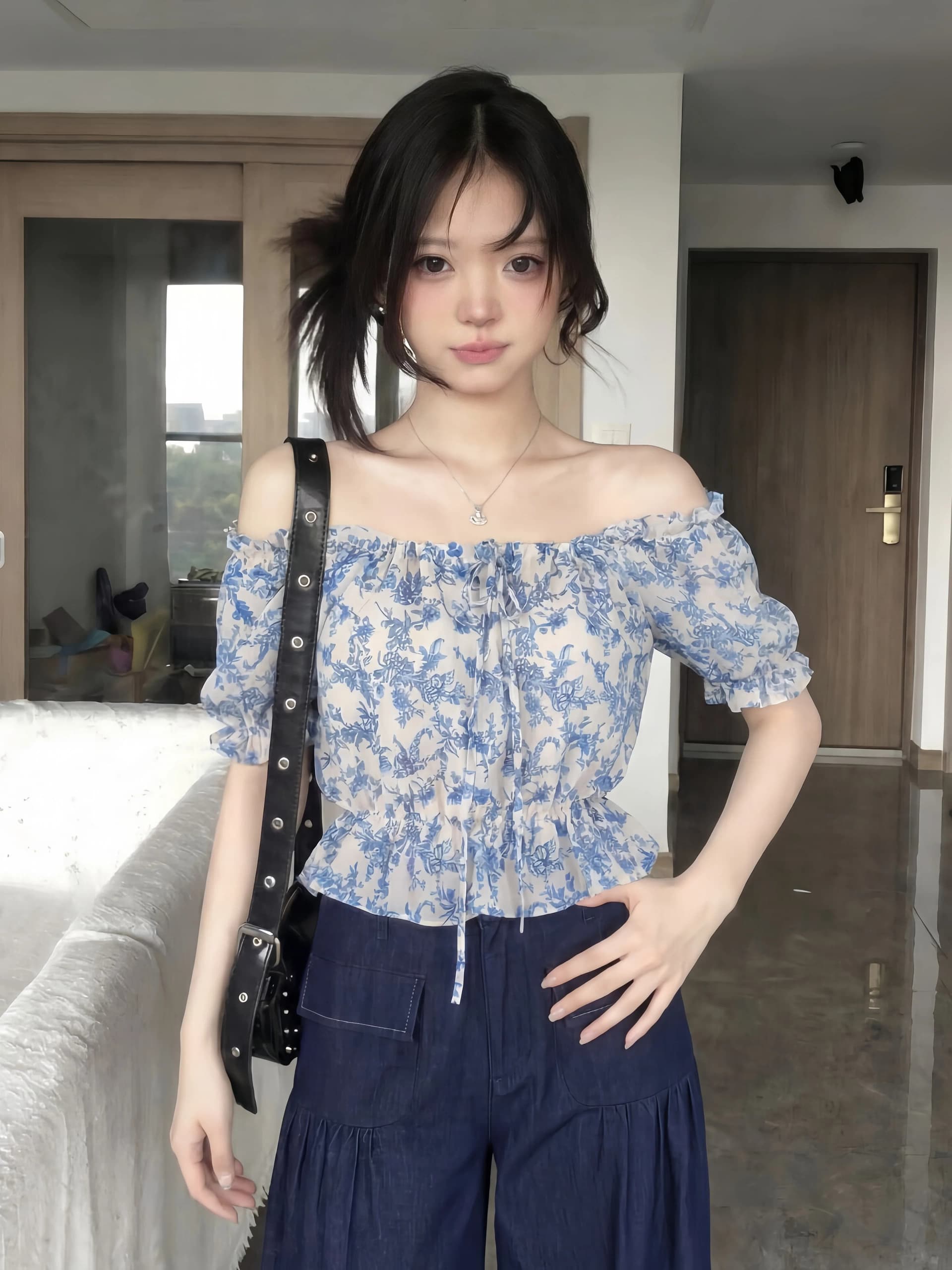 프랑스식 전원 바람 오프숄더 수신 Pleat 꽃무늬 티셔츠 여성 2026 새로운 여름 레트로 디자인 센스 쇼트 스타일 맨위 상세 이미지 2