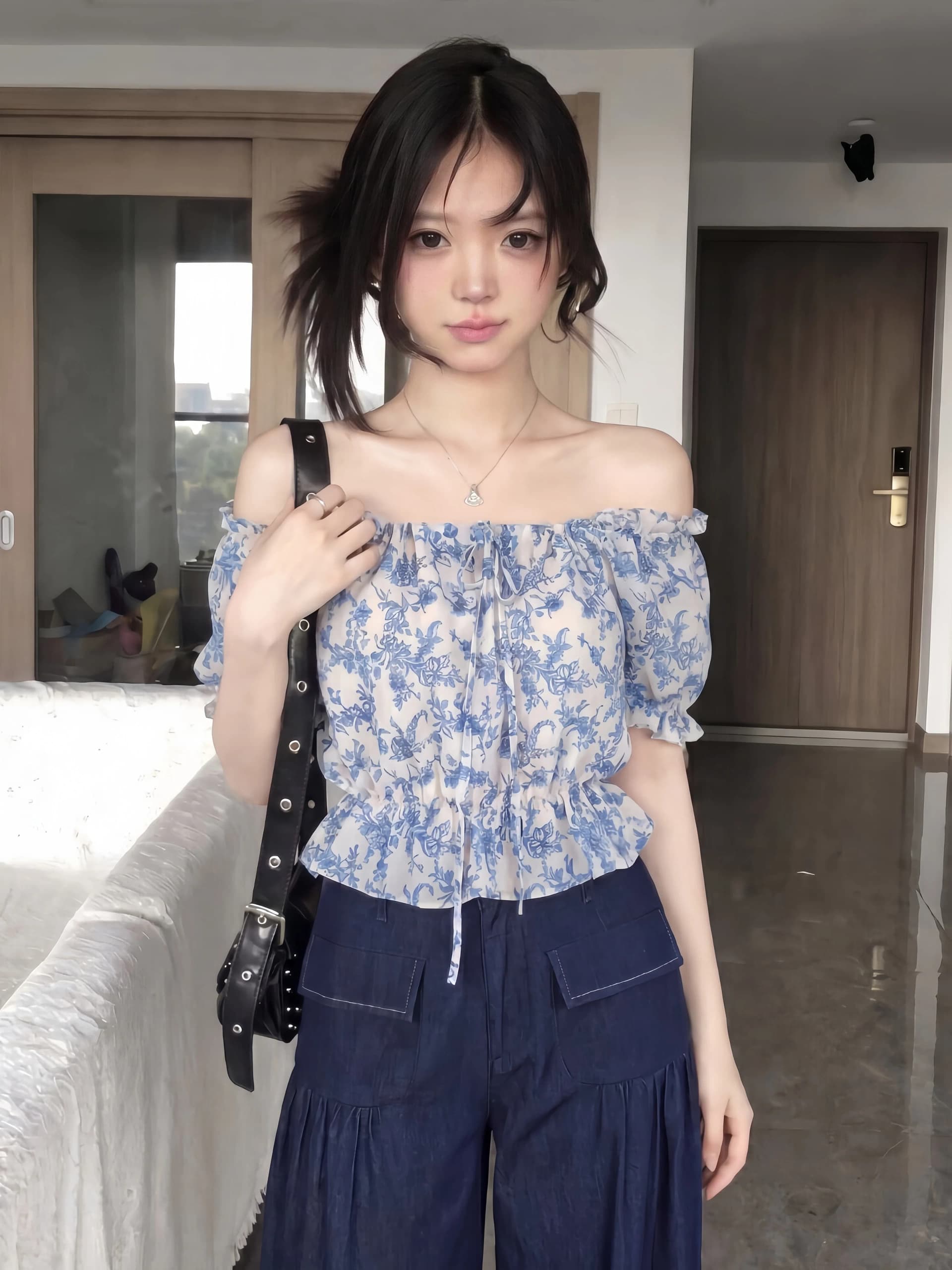 프랑스식 전원 바람 오프숄더 수신 Pleat 꽃무늬 티셔츠 여성 2026 새로운 여름 레트로 디자인 센스 쇼트 스타일 맨위 상세 이미지 3