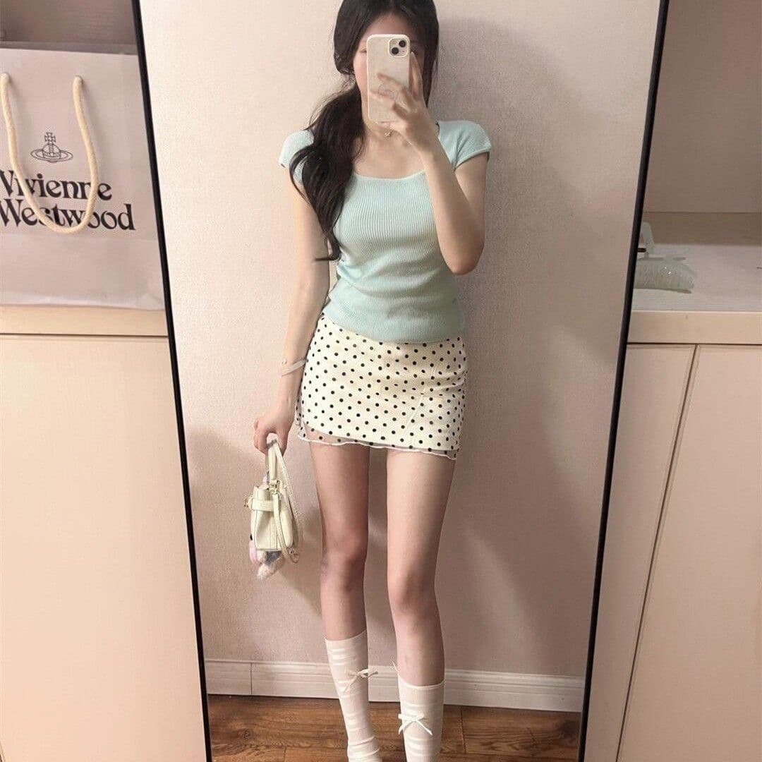 레이스 망사 도트 무늬 반신 스커트 여성 의류 여름 새로운 작은 키 한 마디 반 스커트 하이웨이스트 슬림해 보이는 타이트 스커트 미니 스커트 상세 이미지 4