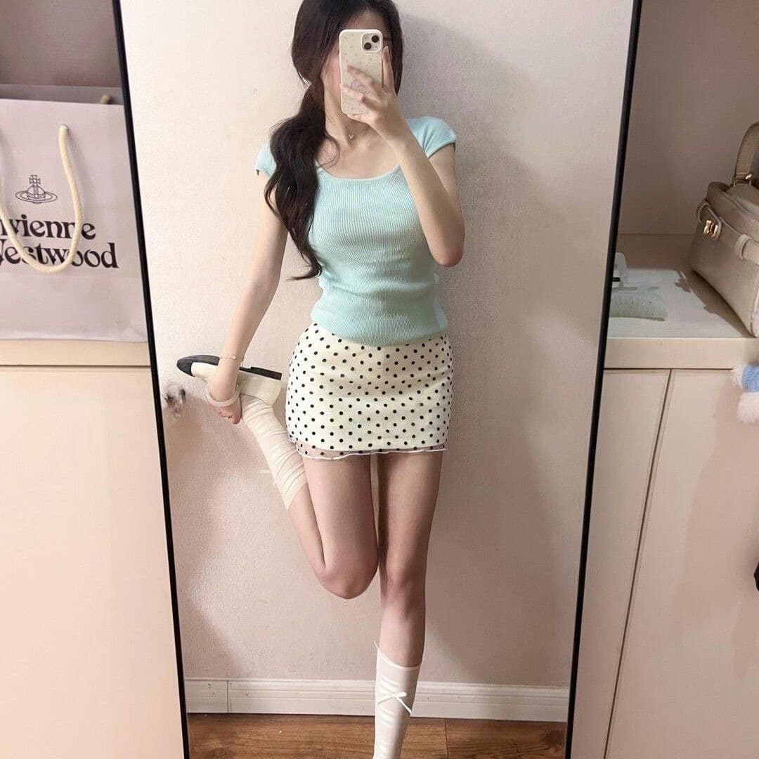 레이스 망사 도트 무늬 반신 스커트 여성 의류 여름 새로운 작은 키 한 마디 반 스커트 하이웨이스트 슬림해 보이는 타이트 스커트 미니 스커트 상세 이미지 5