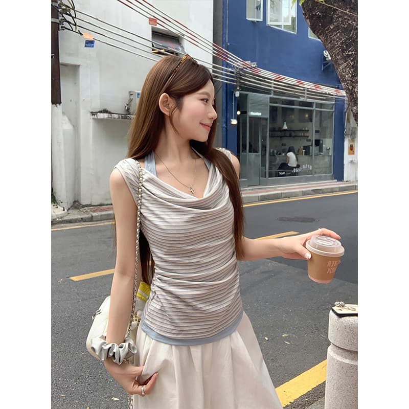 한 부서 디자인 센스 흔들다 칼라 스트라이프 조끼 티셔츠 여성 여름 새로운 허리 수축 슬림해 보이는 핫걸 바람 페이크 레이어드 맨위 이미지 2