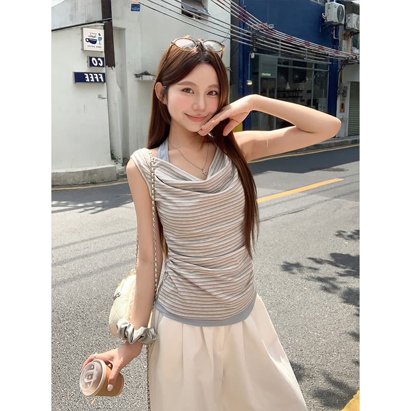 한 부서 디자인 센스 흔들다 칼라 스트라이프 조끼 티셔츠 여성 여름 새로운 허리 수축 슬림해 보이는 핫걸 바람 페이크 레이어드 맨위 이미지 3