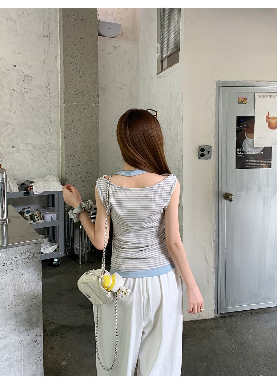 한 부서 디자인 센스 흔들다 칼라 스트라이프 조끼 티셔츠 여성 여름 새로운 허리 수축 슬림해 보이는 핫걸 바람 페이크 레이어드 맨위 상세 이미지 6