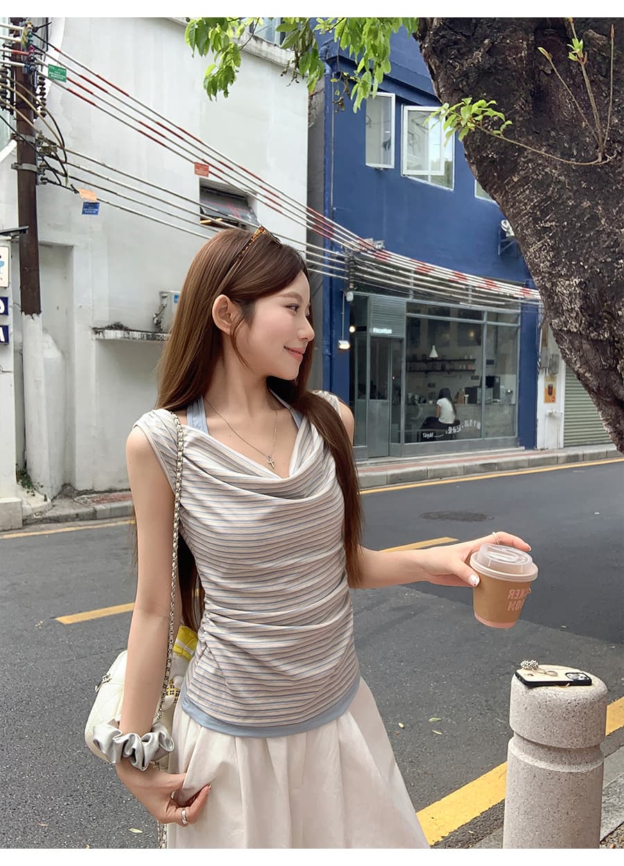 한 부서 디자인 센스 흔들다 칼라 스트라이프 조끼 티셔츠 여성 여름 새로운 허리 수축 슬림해 보이는 핫걸 바람 페이크 레이어드 맨위 상세 이미지 7