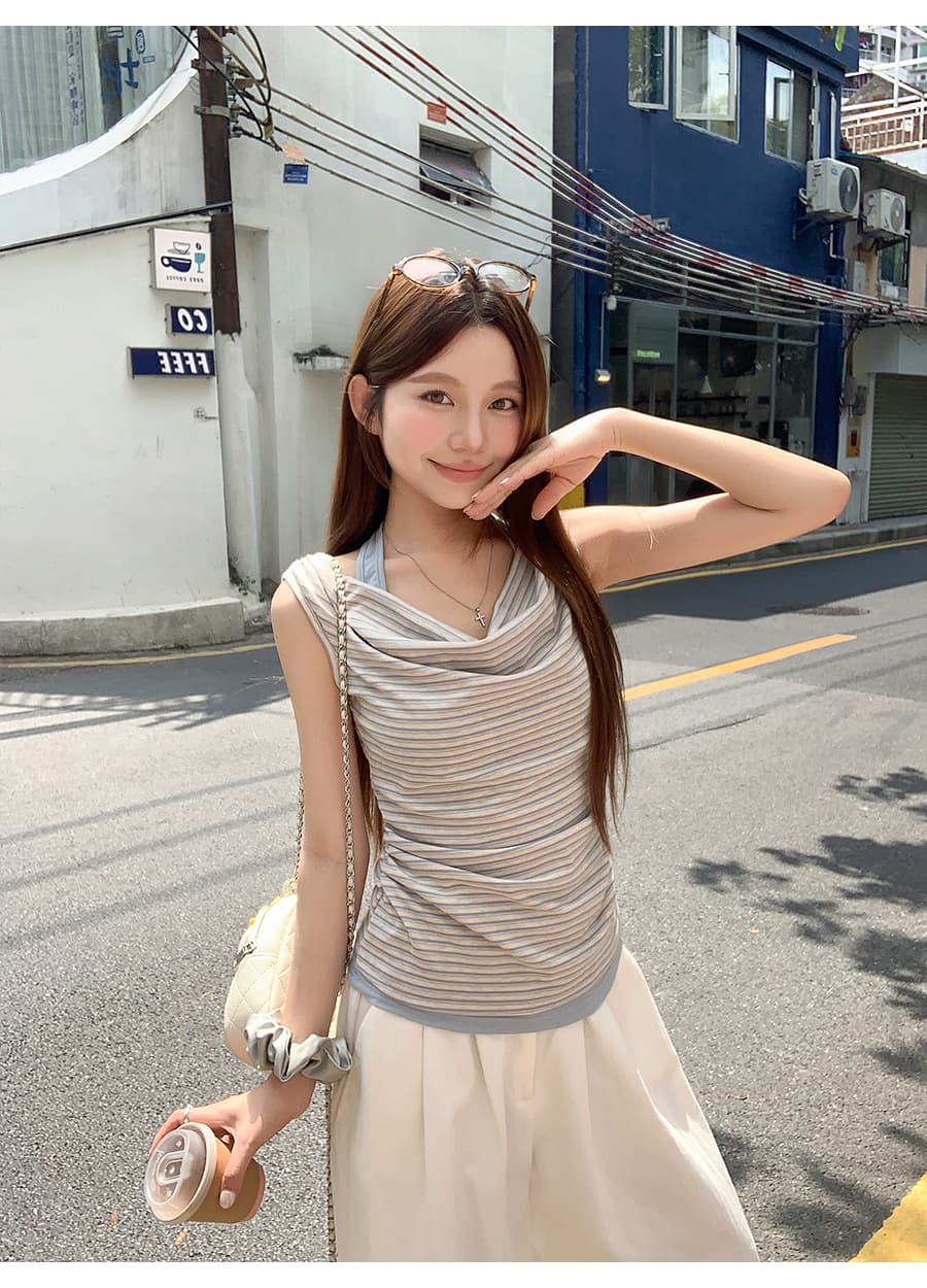 한 부서 디자인 센스 흔들다 칼라 스트라이프 조끼 티셔츠 여성 여름 새로운 허리 수축 슬림해 보이는 핫걸 바람 페이크 레이어드 맨위 상세 이미지 8