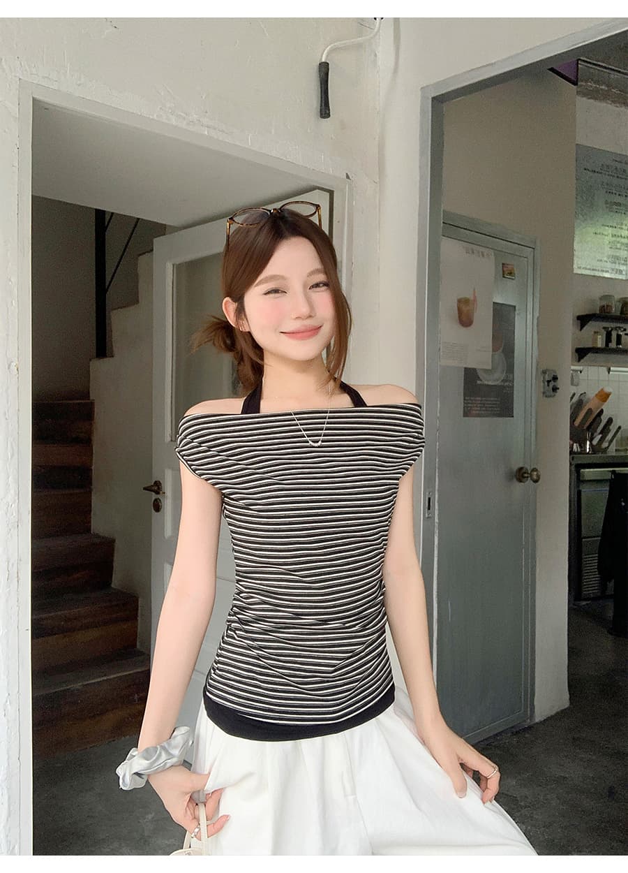 한 부서 디자인 센스 흔들다 칼라 스트라이프 조끼 티셔츠 여성 여름 새로운 허리 수축 슬림해 보이는 핫걸 바람 페이크 레이어드 맨위 상세 이미지 12