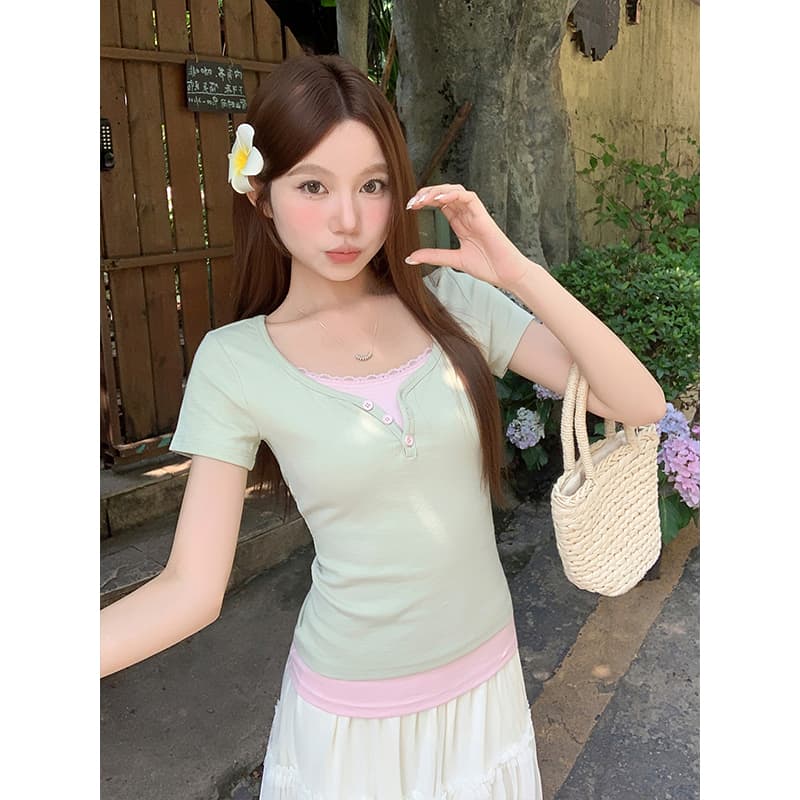 한 부서 페이크 레이어드 패치워크 레이스 단추 티셔츠 여성 여름 새로운 달콤함 연령 감소 몸매 가꾸기 슬림해 보이는 반팔 맨위 이미지 3