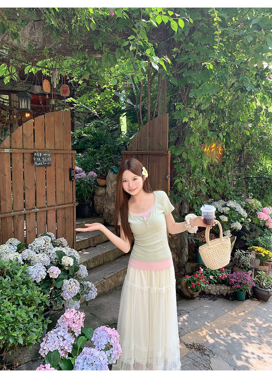 한 부서 페이크 레이어드 패치워크 레이스 단추 티셔츠 여성 여름 새로운 달콤함 연령 감소 몸매 가꾸기 슬림해 보이는 반팔 맨위 상세 이미지 8