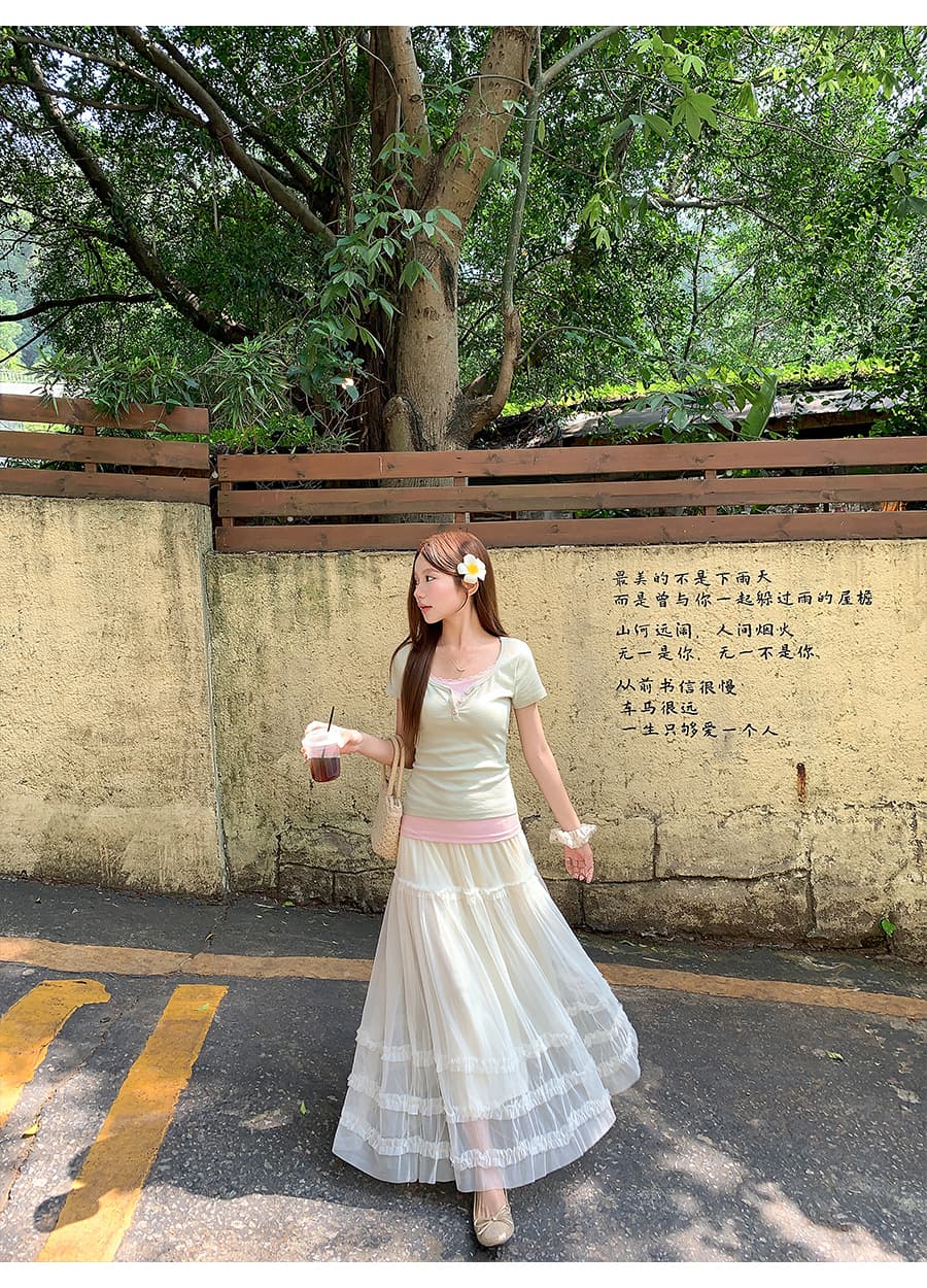 한 부서 페이크 레이어드 패치워크 레이스 단추 티셔츠 여성 여름 새로운 달콤함 연령 감소 몸매 가꾸기 슬림해 보이는 반팔 맨위 상세 이미지 9