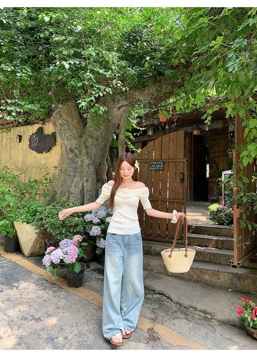 부드러운 바람 보트넥 오프숄더 반팔 니트 스웨터 여성 여름 새로운 한 부서 몸매 가꾸기 다용도 품격 풀오버 맨위 상세 이미지 7