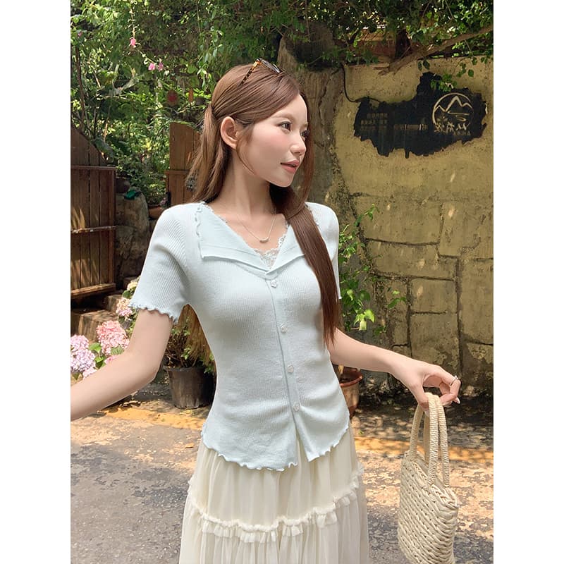 순수한 욕망 바람 페이크 레이어드 레이스 조각 V넥 니트 스웨터 여성 여름 새로운 몸매 가꾸기 슬림해 보이는 품격 반팔 맨위 이미지 2