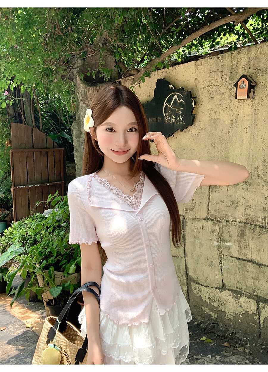 순수한 욕망 바람 페이크 레이어드 레이스 조각 V넥 니트 스웨터 여성 여름 새로운 몸매 가꾸기 슬림해 보이는 품격 반팔 맨위 상세 이미지 9