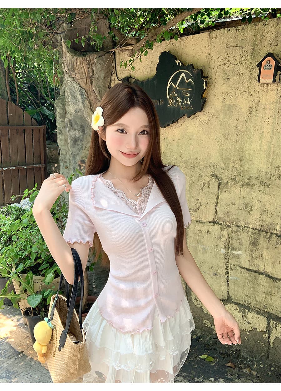 순수한 욕망 바람 페이크 레이어드 레이스 조각 V넥 니트 스웨터 여성 여름 새로운 몸매 가꾸기 슬림해 보이는 품격 반팔 맨위 상세 이미지 10