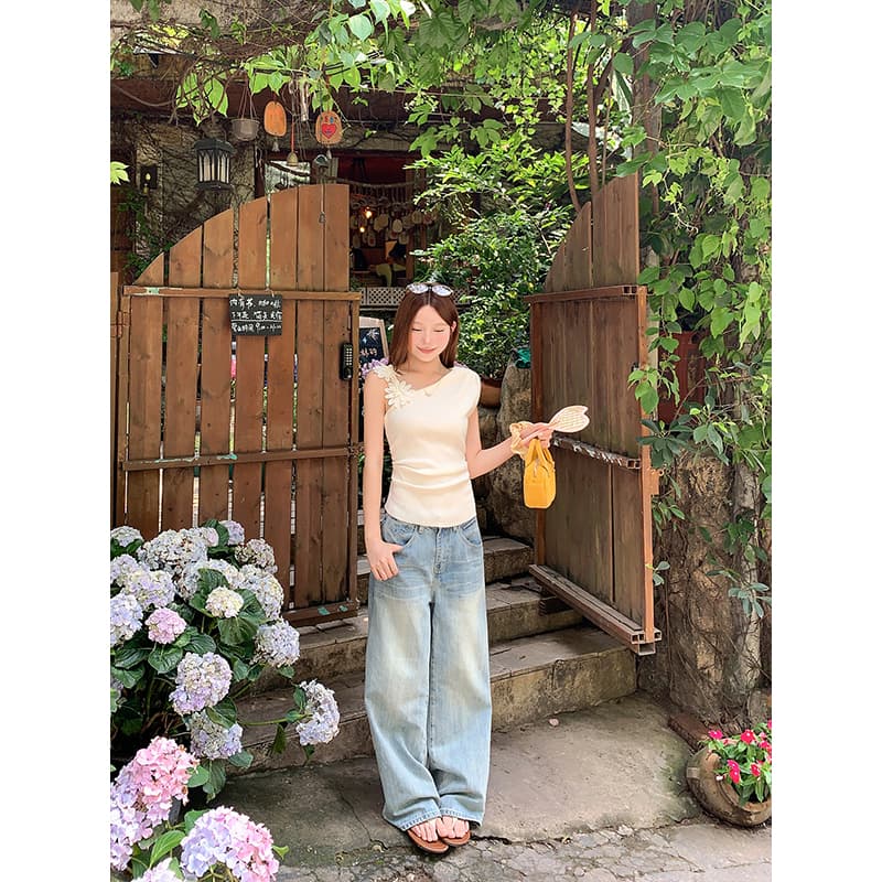 순수한 욕망 바람 비스듬한 칼라 슬립 민소매 조끼 티셔츠 여성 여름 새로운 달콤한 스타일 허리 수축 슬림해 보이는 연령 감소 맨위 이미지 6