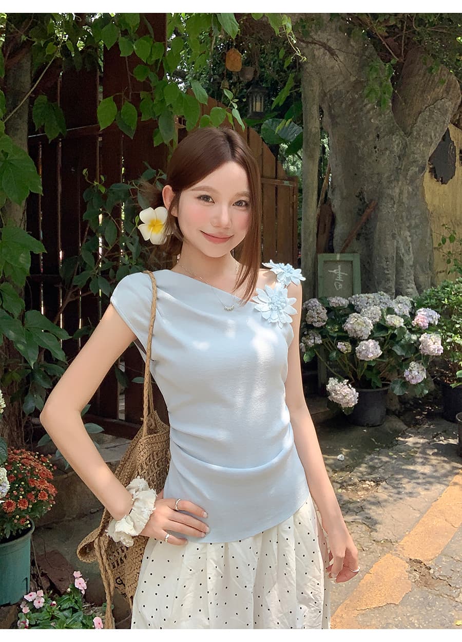 순수한 욕망 바람 비스듬한 칼라 슬립 민소매 조끼 티셔츠 여성 여름 새로운 달콤한 스타일 허리 수축 슬림해 보이는 연령 감소 맨위 상세 이미지 8
