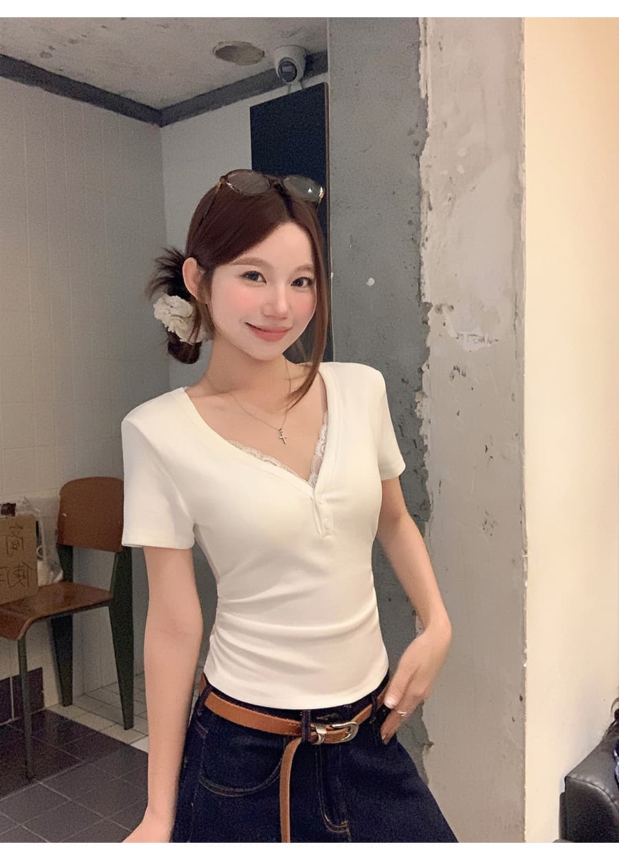 한 부서 레이스 v 넥타이 가슴 패드 반팔 티셔츠 여성 여름 새로운 몸매 가꾸기 슬림해 보이는 펌프 Pleat 다용도 품격 맨위 상세 이미지 16