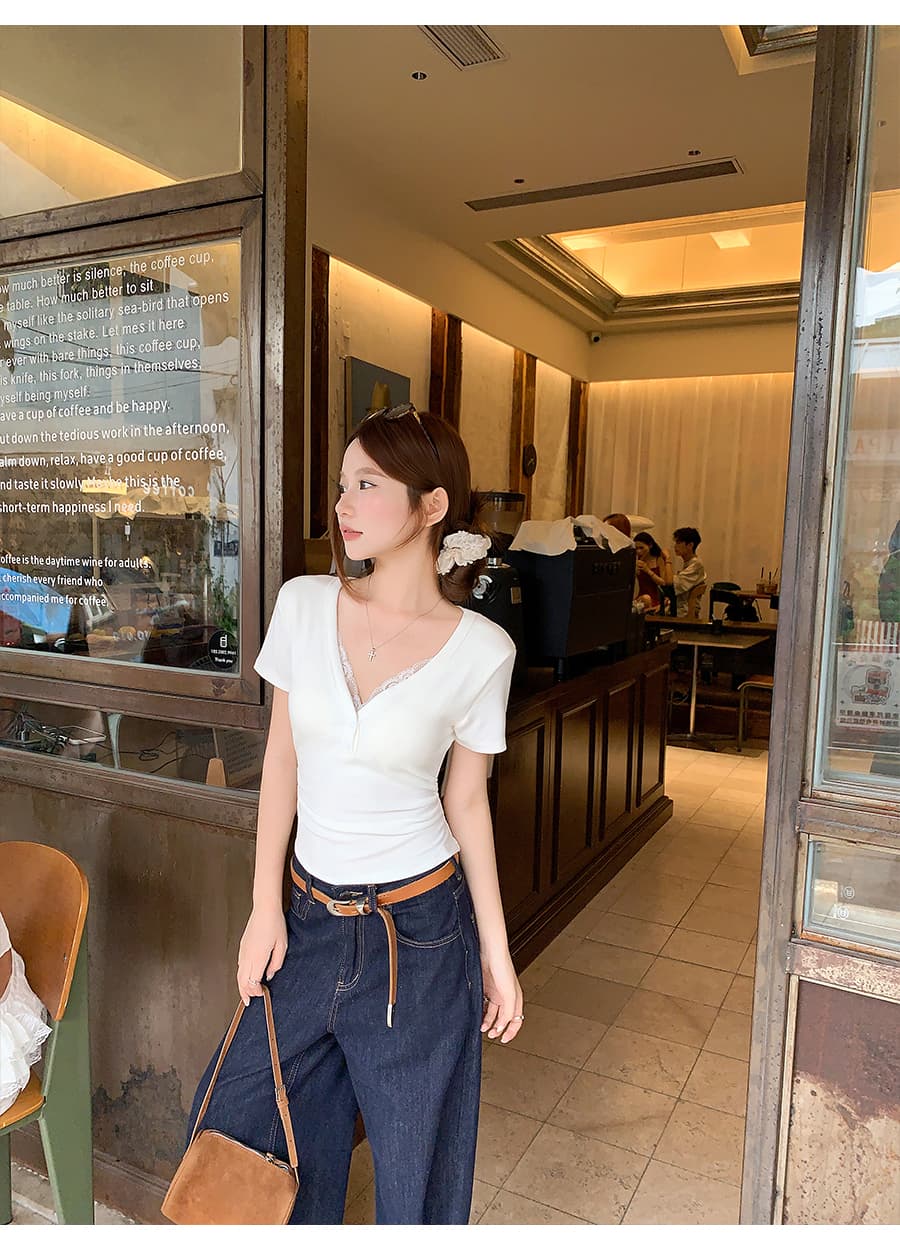 한 부서 레이스 v 넥타이 가슴 패드 반팔 티셔츠 여성 여름 새로운 몸매 가꾸기 슬림해 보이는 펌프 Pleat 다용도 품격 맨위 상세 이미지 17