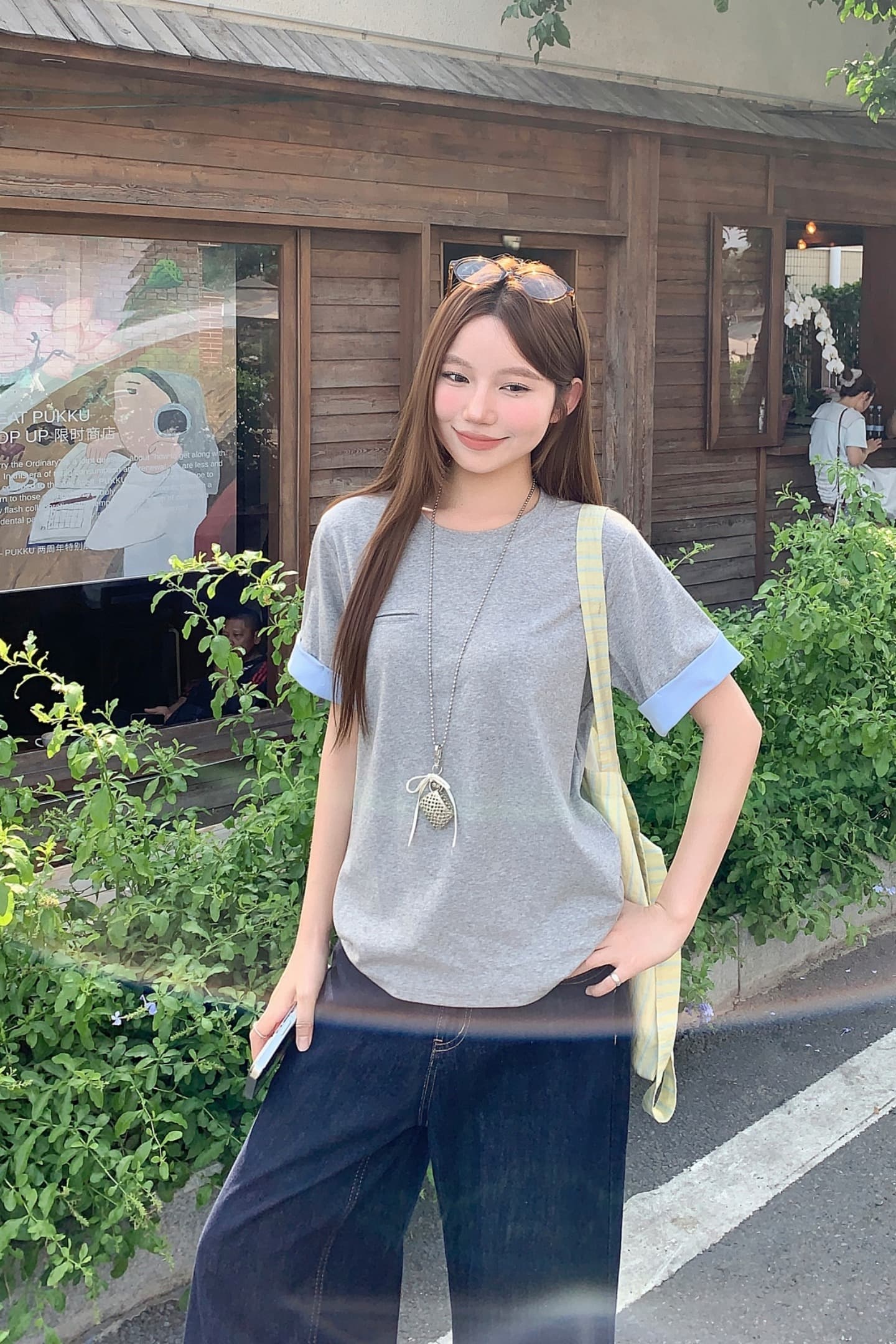 한 부서 미니멀리즘 배색 볼륨 측면 반팔 티셔츠 여성 여름 새로운 루즈핏 캐주얼 다용도 회색 파란색 패치워크 맨위 이미지 7