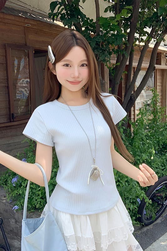 한국 스타일 라운드 넥 구덩이 기사 반팔 티셔츠 여성 여름 새로운 순수한 욕망 바람 몸매 가꾸기 슬림해 보이는 다용도 기초 섹션 맨위 이미지 7