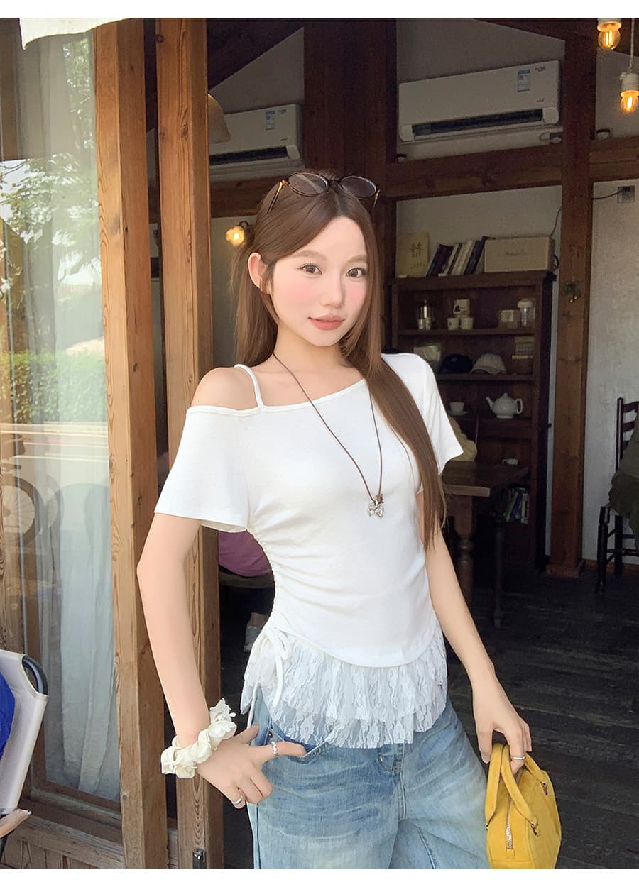 순수한 욕망 바람 페이크 레이어드 오프숄더 티셔츠 여성 여름 새로운 몸매 가꾸기 슬림해 보이는 레이스 조각 불규칙 반팔 맨위 상세 이미지 6