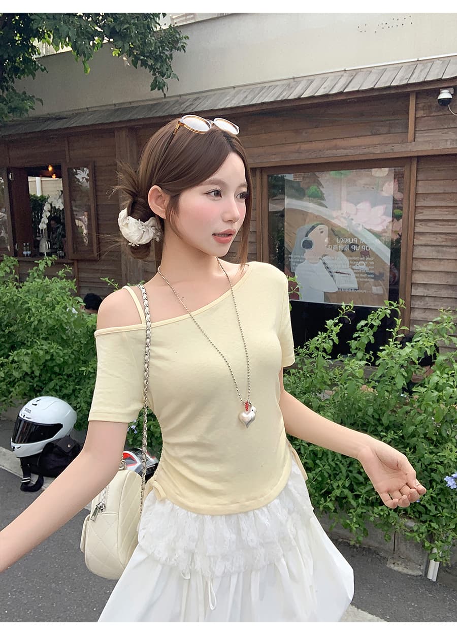 순수한 욕망 바람 페이크 레이어드 오프숄더 티셔츠 여성 여름 새로운 몸매 가꾸기 슬림해 보이는 레이스 조각 불규칙 반팔 맨위 상세 이미지 9