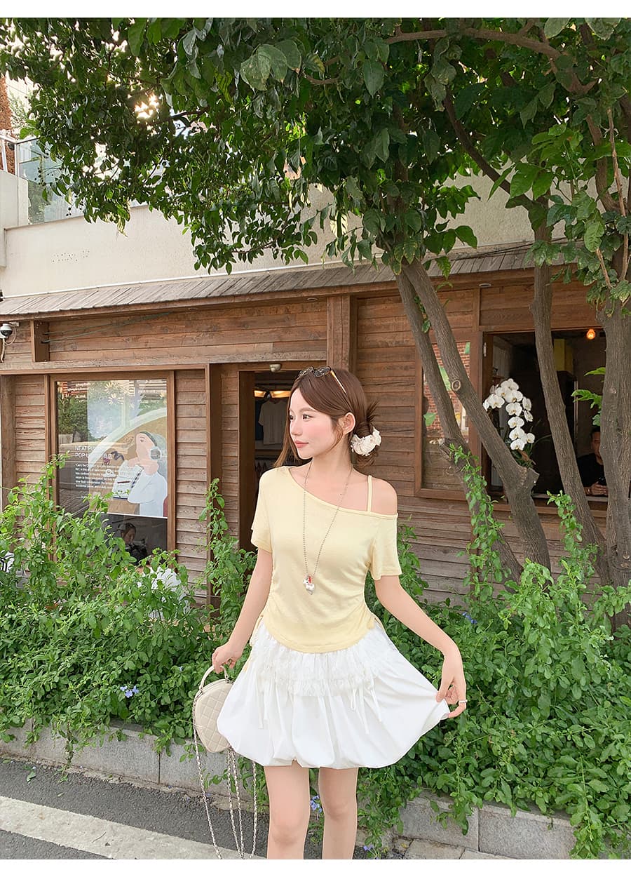 순수한 욕망 바람 페이크 레이어드 오프숄더 티셔츠 여성 여름 새로운 몸매 가꾸기 슬림해 보이는 레이스 조각 불규칙 반팔 맨위 상세 이미지 10