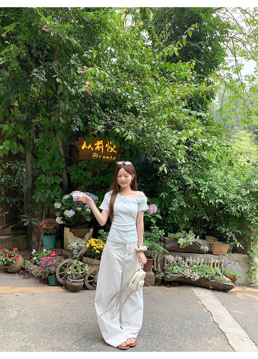 순수한 욕망 바람 망사 레이스 오프숄더 티셔츠 여성 여름 새로운 한 부서 몸매 가꾸기 슬림해 보이는 반팔 핫걸 외출용 맨위 상세 이미지 7