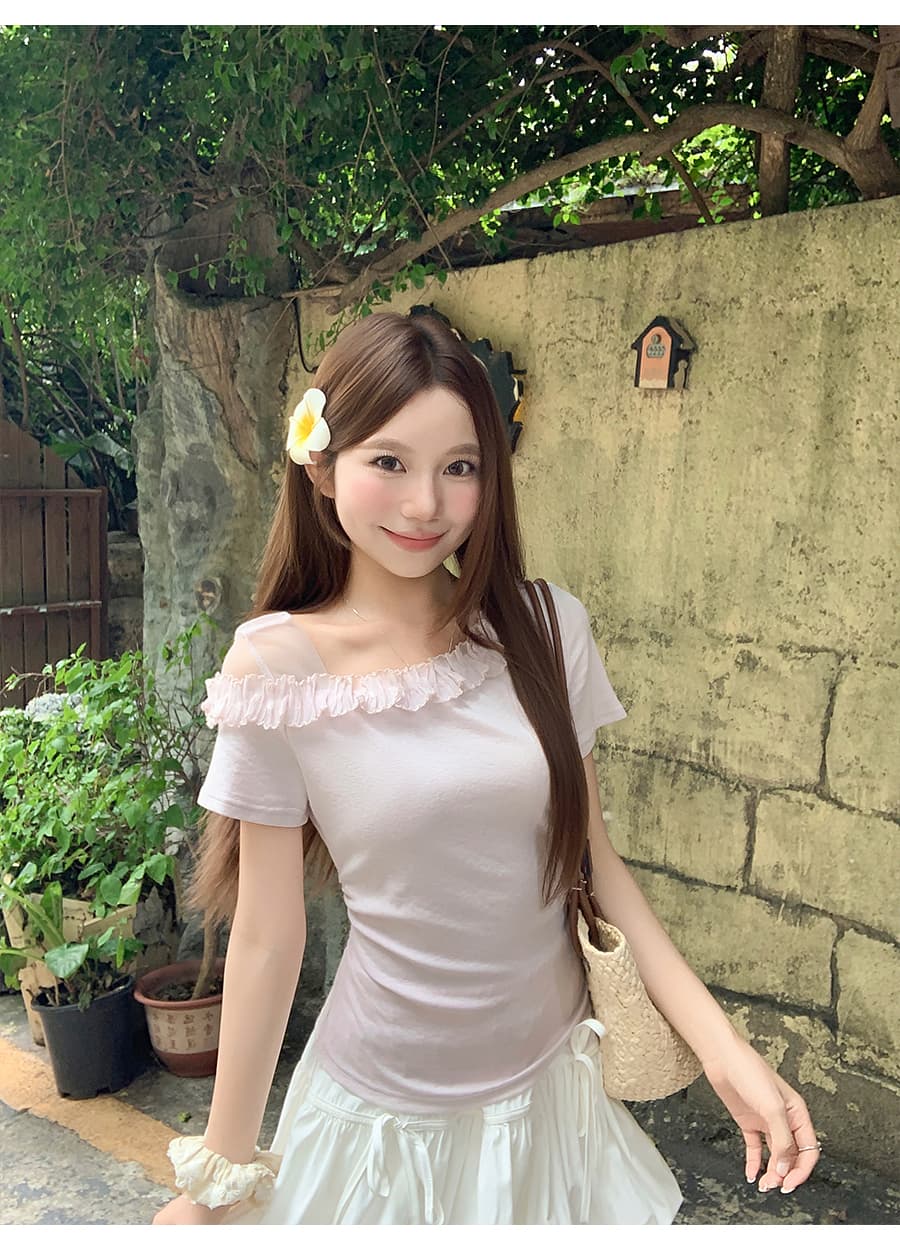 순수한 욕망 바람 망사 레이스 오프숄더 티셔츠 여성 여름 새로운 한 부서 몸매 가꾸기 슬림해 보이는 반팔 핫걸 외출용 맨위 상세 이미지 9