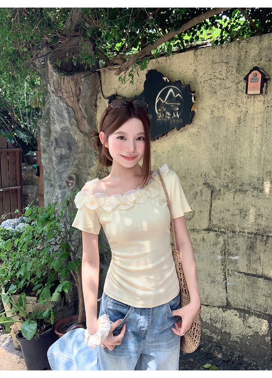 순수한 욕망 바람 망사 레이스 오프숄더 티셔츠 여성 여름 새로운 한 부서 몸매 가꾸기 슬림해 보이는 반팔 핫걸 외출용 맨위 상세 이미지 14