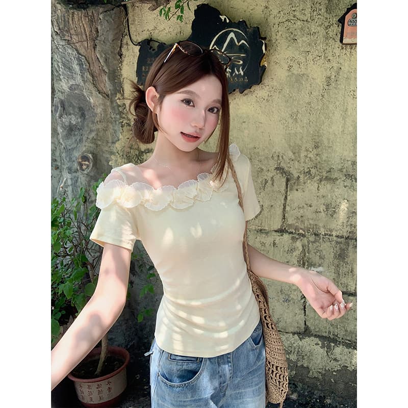 핫걸 망사 레이스 오프숄더 반팔 티셔츠 여성 여름 새로운 순수한 욕망 바람 허리 수축 슬림해 보이는 작은 대중 아름다운 맨위 이미지 3