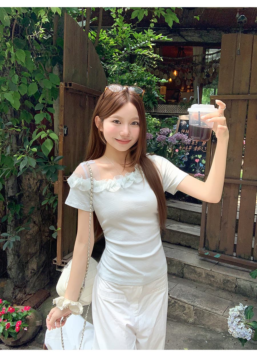핫걸 망사 레이스 오프숄더 반팔 티셔츠 여성 여름 새로운 순수한 욕망 바람 허리 수축 슬림해 보이는 작은 대중 아름다운 맨위 상세 이미지 5