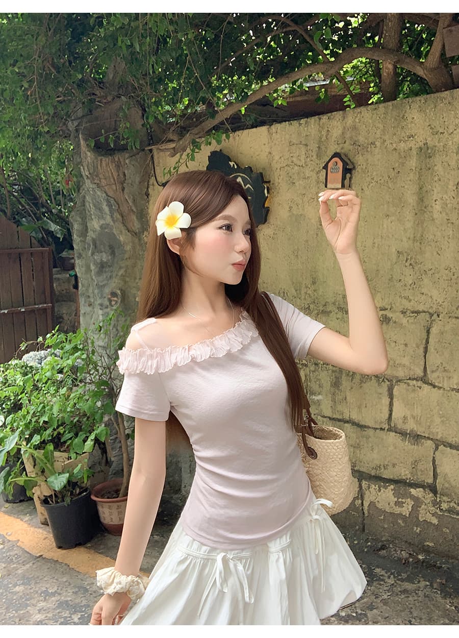 핫걸 망사 레이스 오프숄더 반팔 티셔츠 여성 여름 새로운 순수한 욕망 바람 허리 수축 슬림해 보이는 작은 대중 아름다운 맨위 상세 이미지 10
