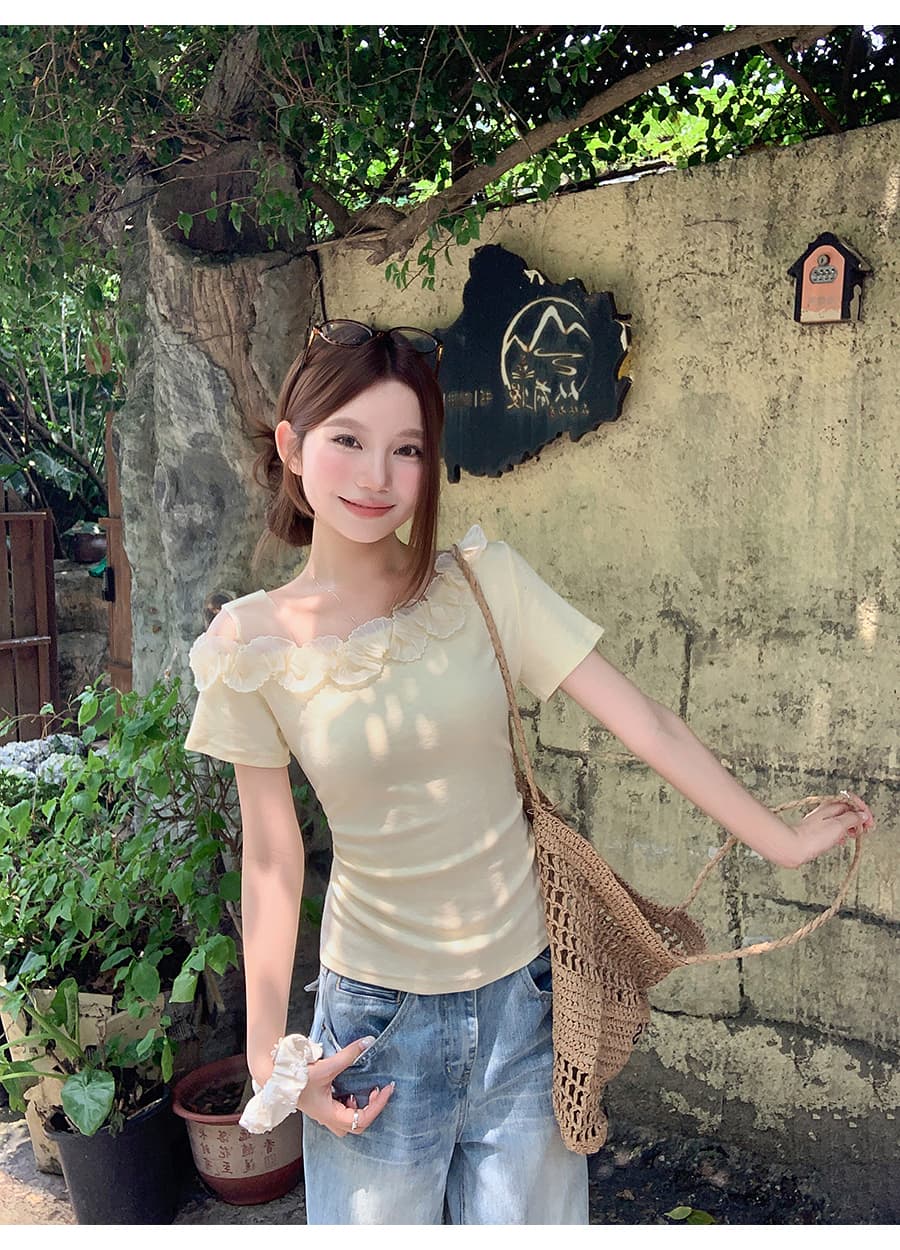핫걸 망사 레이스 오프숄더 반팔 티셔츠 여성 여름 새로운 순수한 욕망 바람 허리 수축 슬림해 보이는 작은 대중 아름다운 맨위 상세 이미지 15