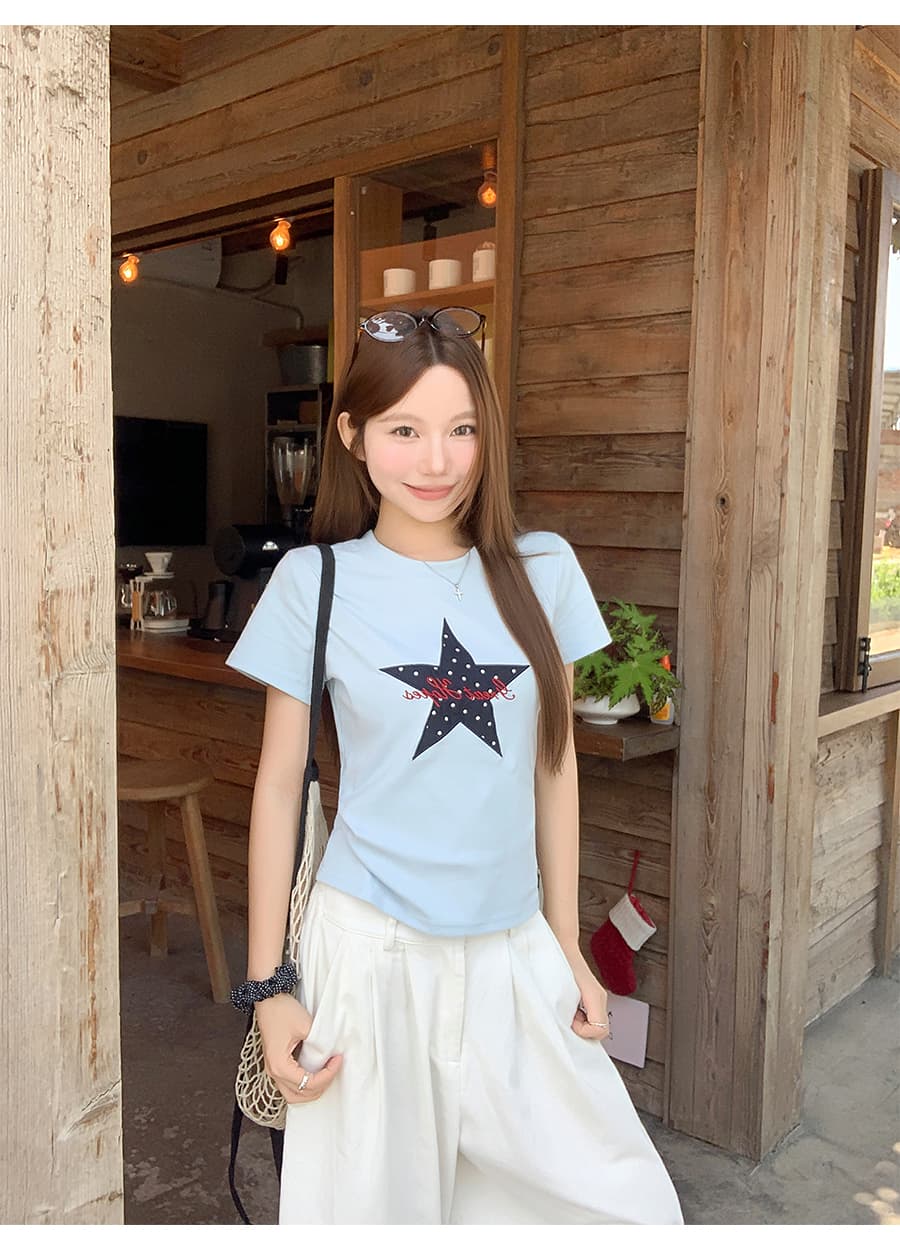 한 부서 ins 바람 별 알파벳 자수 반팔 티셔츠 여성 여름 새로운 몸매 가꾸기 슬림해 보이는 다용도 쇼트 스타일 핫걸 맨위 상세 이미지 3