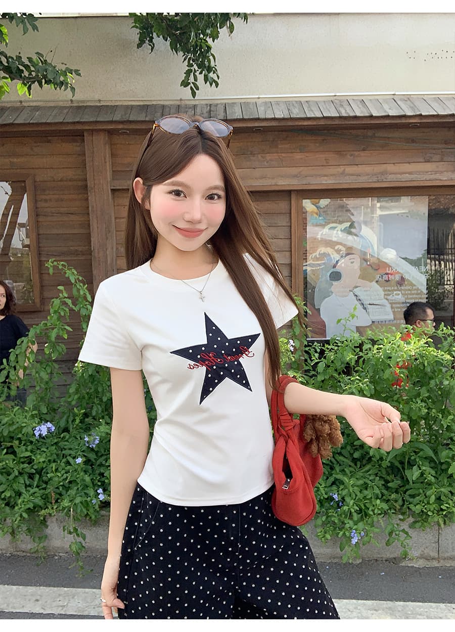 한 부서 ins 바람 별 알파벳 자수 반팔 티셔츠 여성 여름 새로운 몸매 가꾸기 슬림해 보이는 다용도 쇼트 스타일 핫걸 맨위 상세 이미지 9
