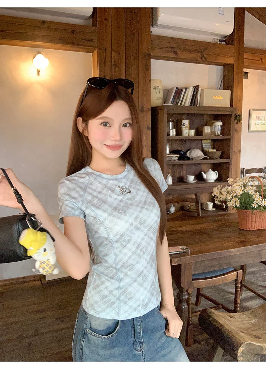 핑크색 체크무늬 핫걸 바람 긍정적 인 어깨 티셔츠 여성 여름 새로운 허리 수축 슬림해 보이는 순수한 욕망 몸매 가꾸기 반팔 만나는 맨위 상세 이미지 5
