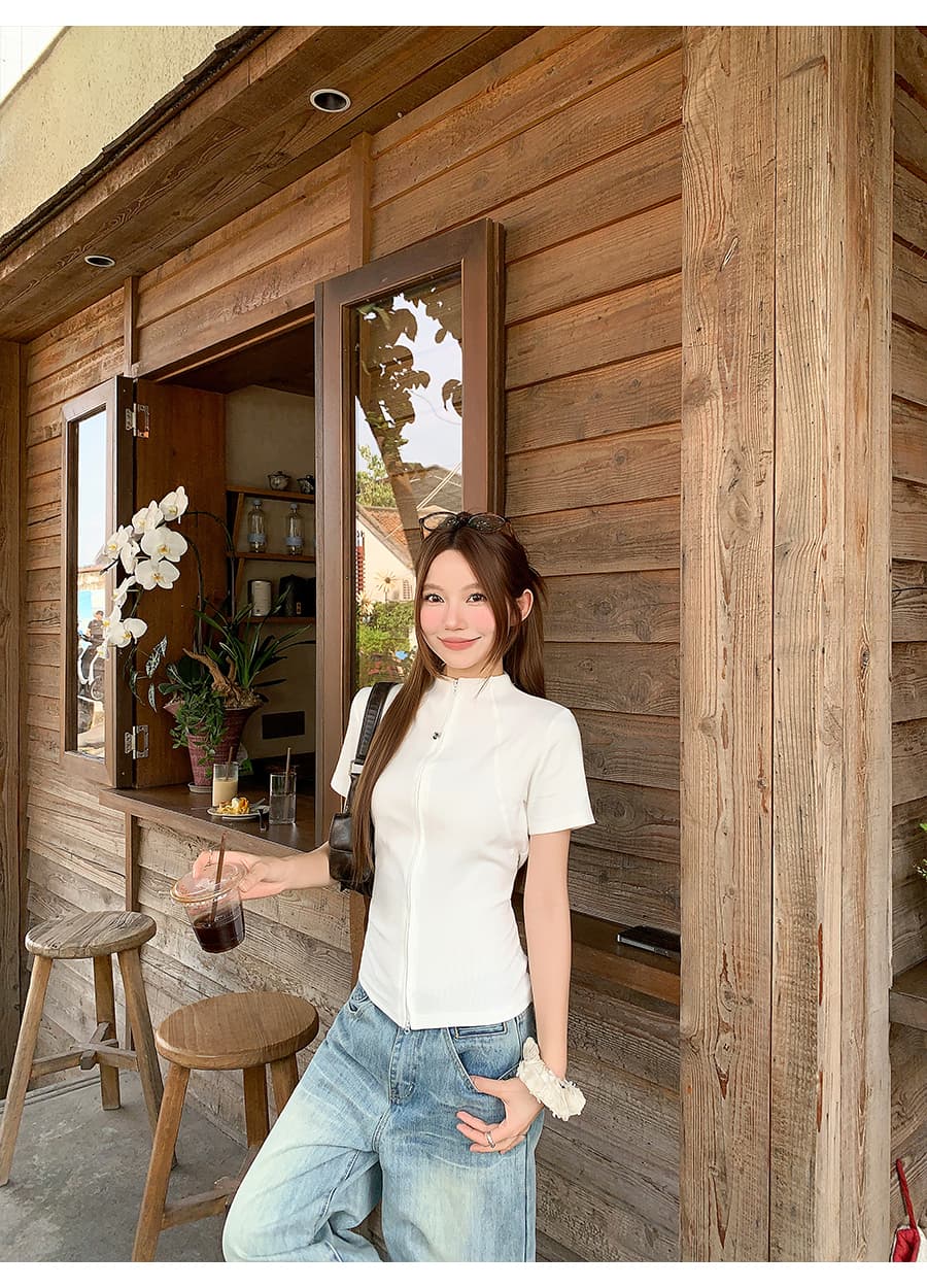 한 부서 핫걸 회색 반하이넥 지퍼 티셔츠 여성 여름 새로운 몸매 가꾸기 슬림해 보이는 허리 수축 반팔 순수한 욕망 맨위 상세 이미지 10