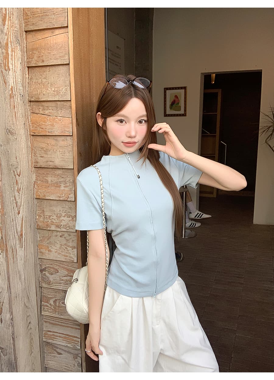 한 부서 핫걸 회색 반하이넥 지퍼 티셔츠 여성 여름 새로운 몸매 가꾸기 슬림해 보이는 허리 수축 반팔 순수한 욕망 맨위 상세 이미지 13