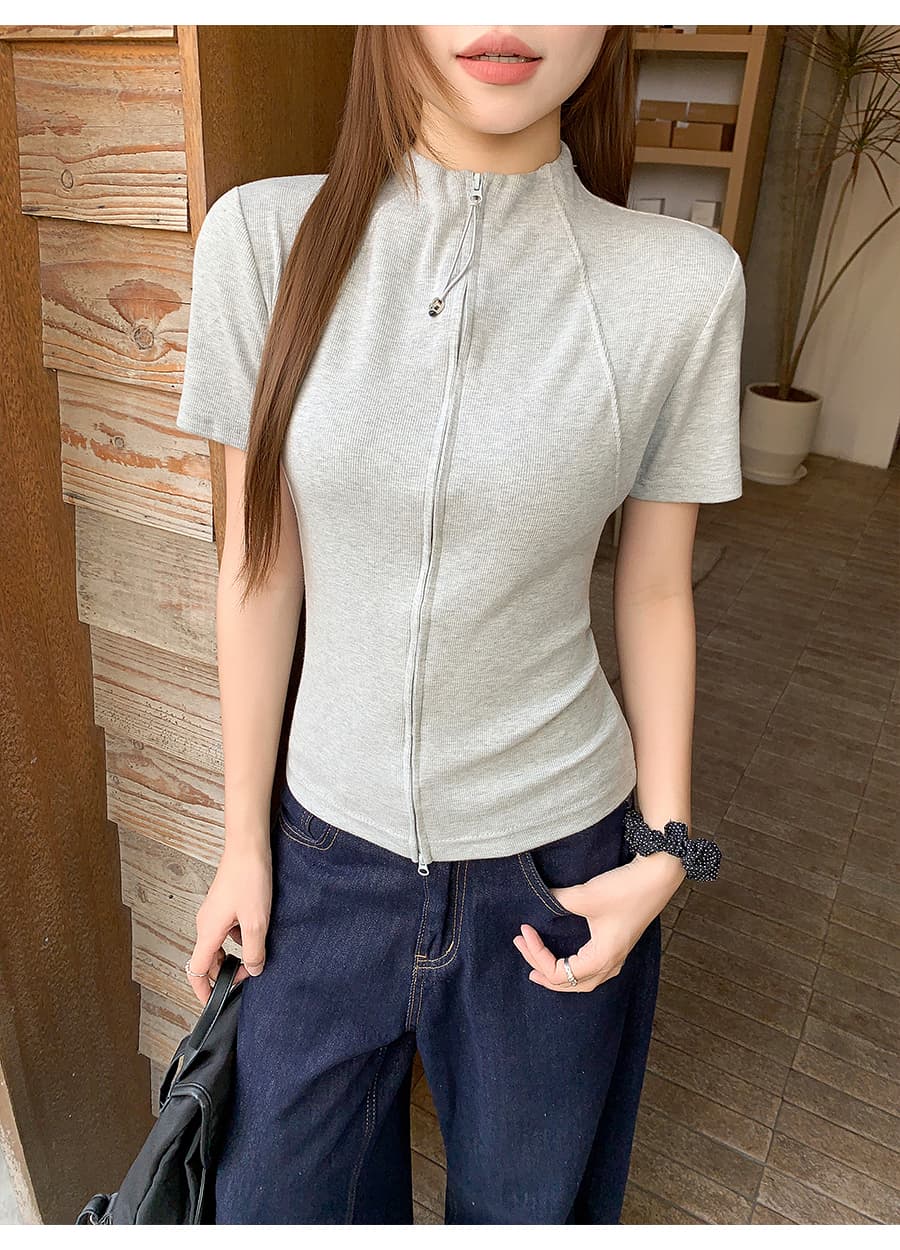 스탠드 칼라 더블 머리 지퍼 화이트 핫걸 티셔츠 여성 여름 새로운 몸매 가꾸기 슬림해 보이는 섹시함 순수한 욕망 바람 반팔 맨위 상세 이미지 5