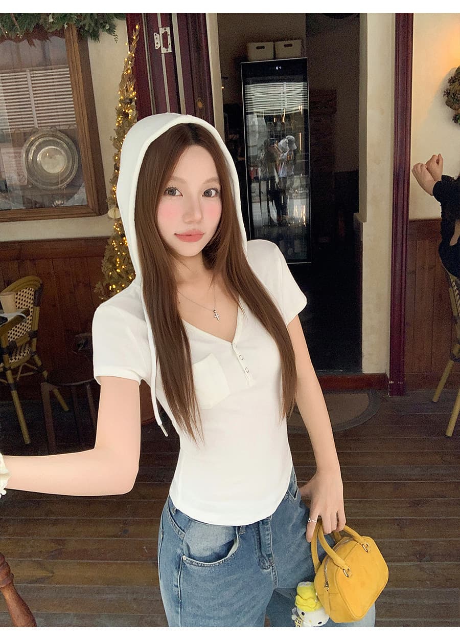 순수한 욕망 바람 화이트 후드 반팔 티셔츠 여성 여름 새로운 몸매 가꾸기 슬림해 보이는 펌프 로프 V넥 긍정적 인 어깨 핫걸 맨위 상세 이미지 6