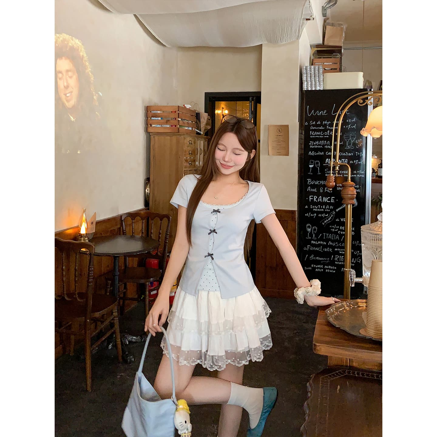 달콤한 매운맛 바람 광장 칼라 페이크 레이어드 티셔츠 여성 여름 새로운 몸매 가꾸기 슬림해 보이는 도트 무늬 나비 매듭 장식 다용도 맨위 이미지 4